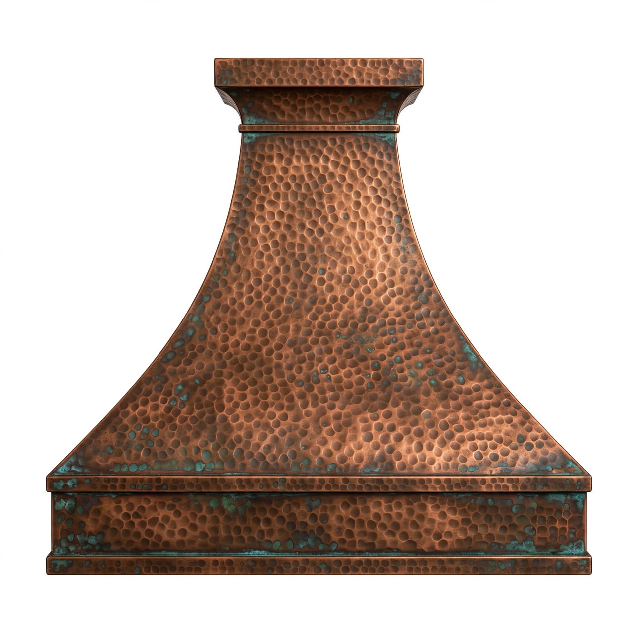 Rustic luxury hammered bell copper range hood with broad apron, curved chimney, neck band, and stepped crown