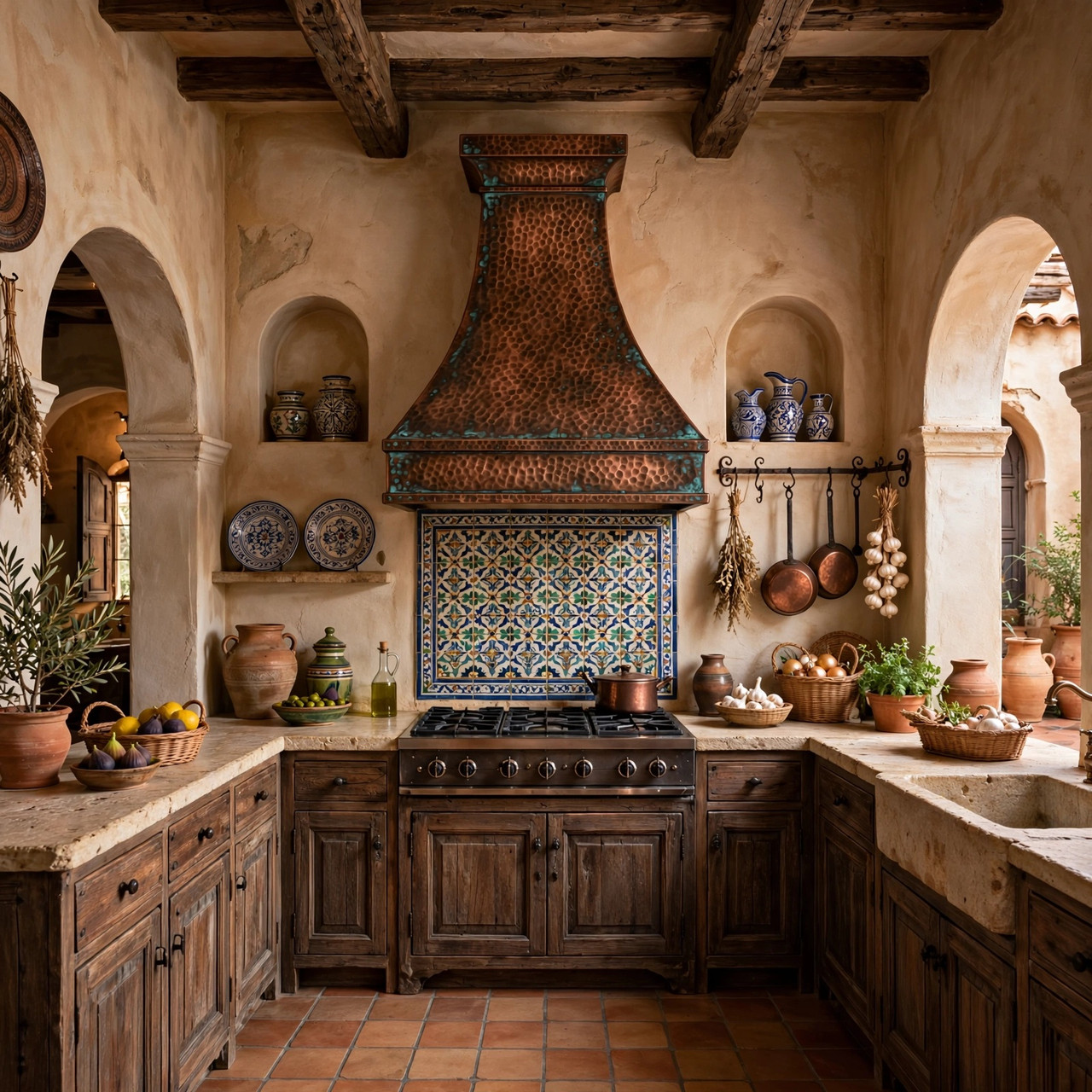 Old-world Mediterranean kitchen with rustic luxury hammered bell copper range hood and broad apron