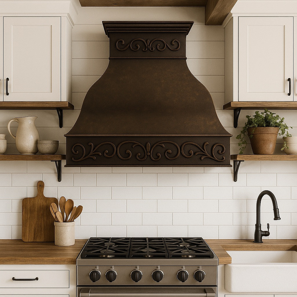 Farmhouse copper range hood with decorative scroll apron in old country style kitchen, hammered bell canopy with warm antique patina above rustic wood cabinetry
