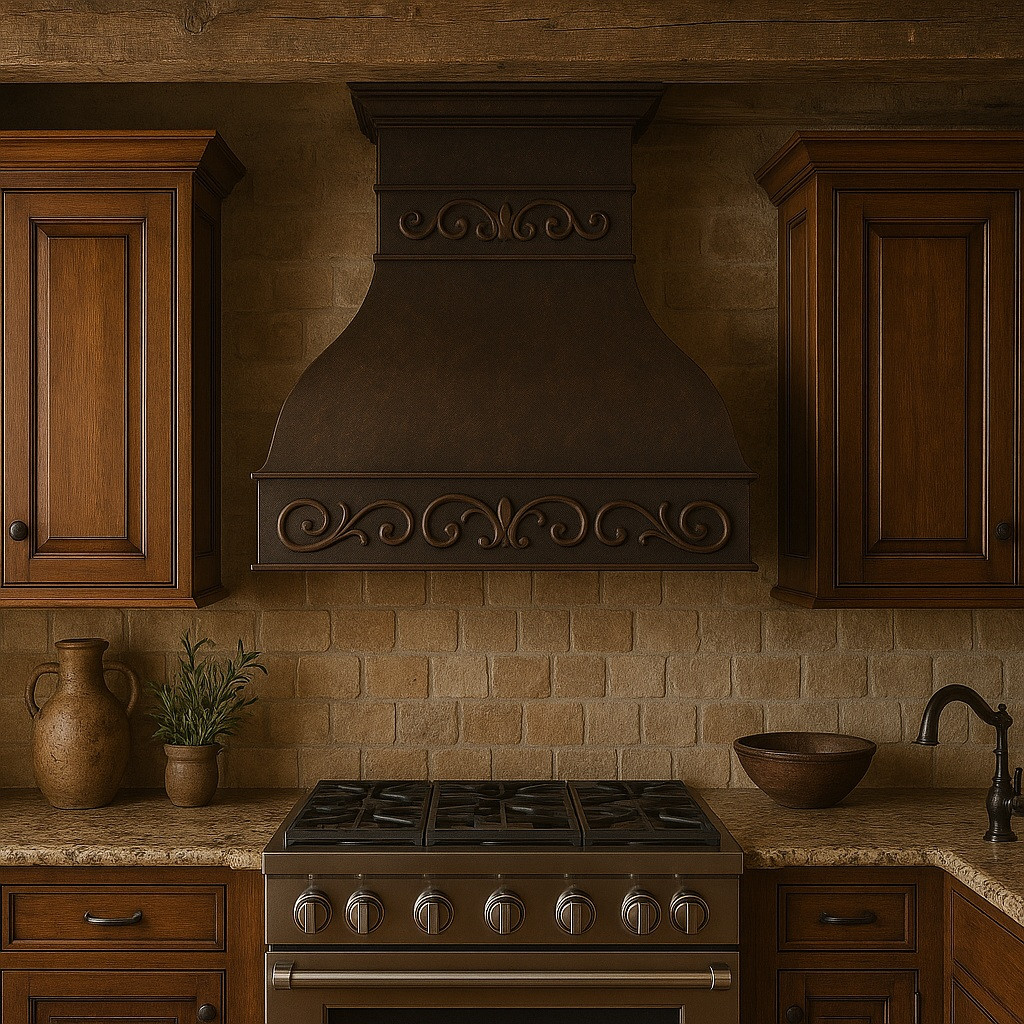 Farmhouse copper range hood with decorative scroll apron in rustic kitchen, hammered bell canopy with warm antique patina above wood beams and stone backsplash
