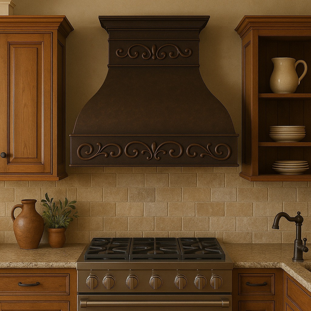 Farmhouse copper range hood with decorative scroll apron in southeastern style kitchen, hammered bell canopy with warm antique patina above spacious cabinetry