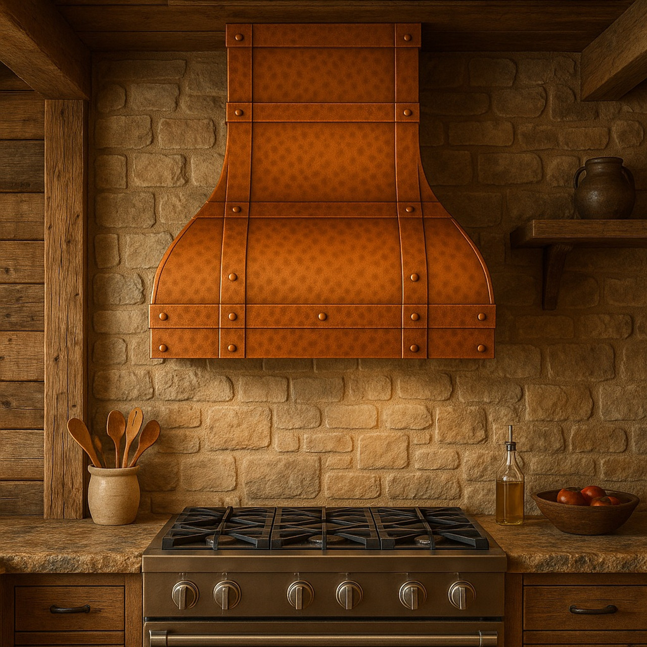Bell-shape copper range hood in a rustic style kitchen