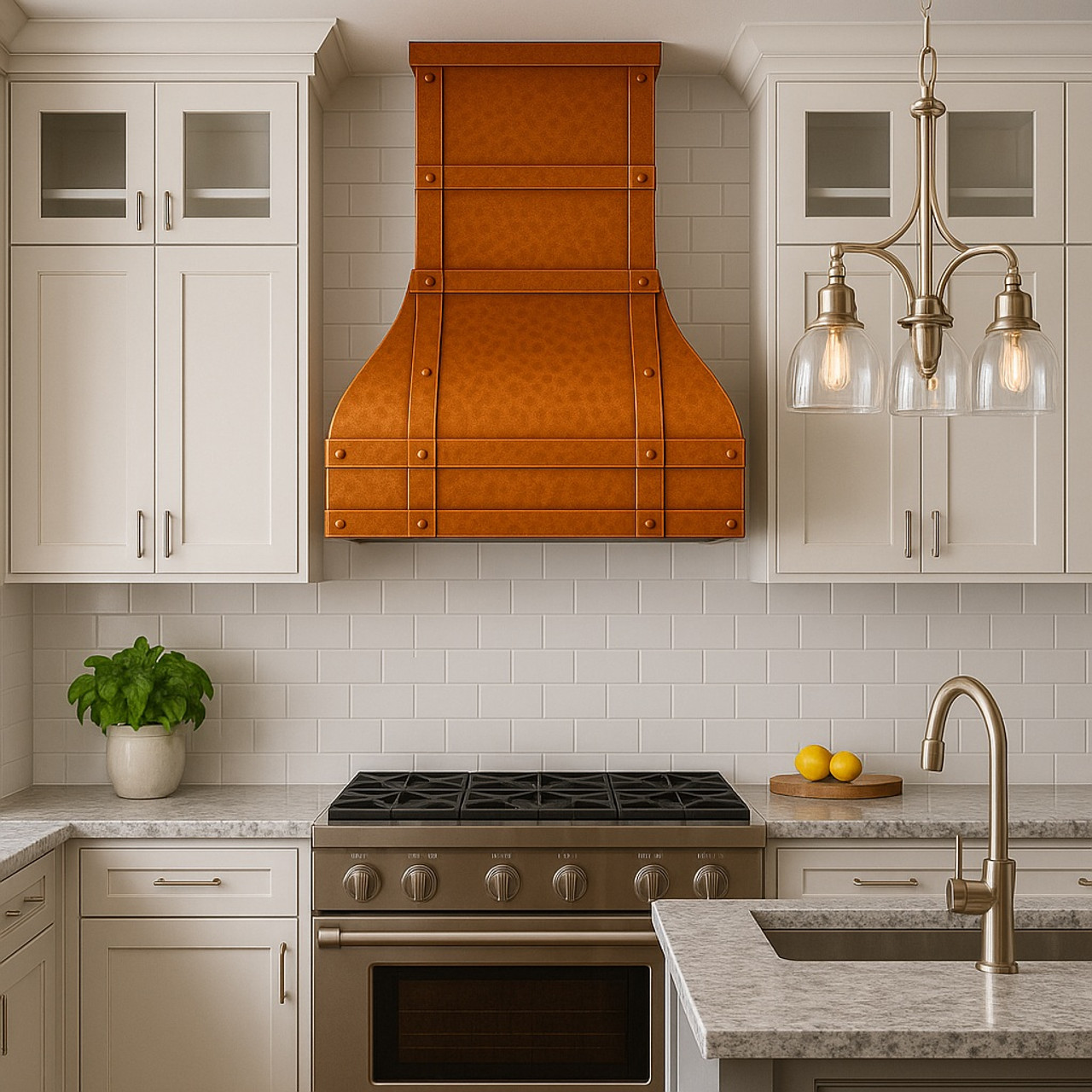 Bell-shape copper range hood in a transitional style kitchen