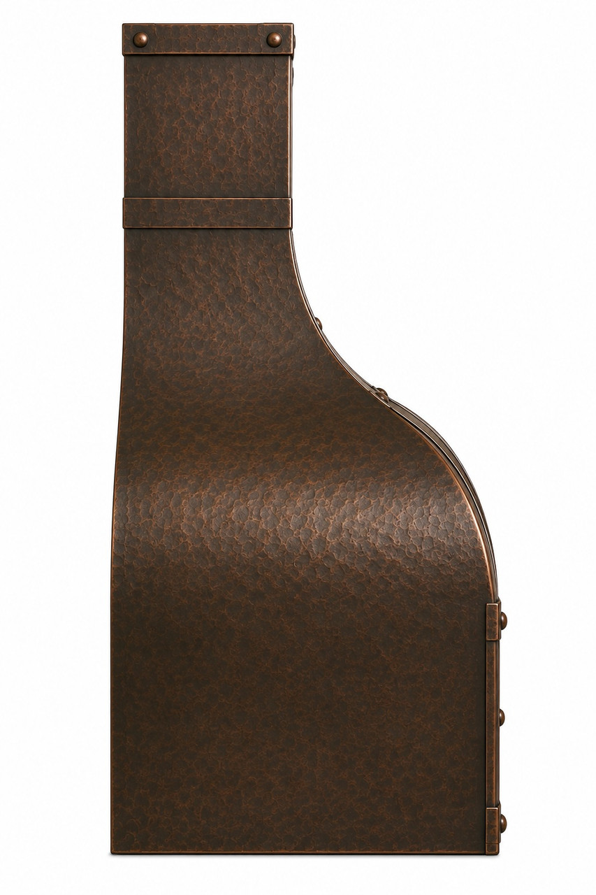 Copper dome range hood with architectural strap grid in antique patina, side profile