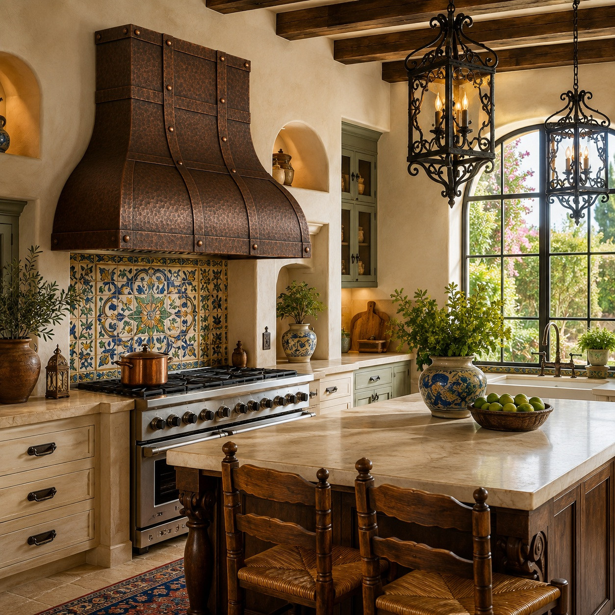 Spanish Revival kitchen with copper dome range hood and architectural strap grid