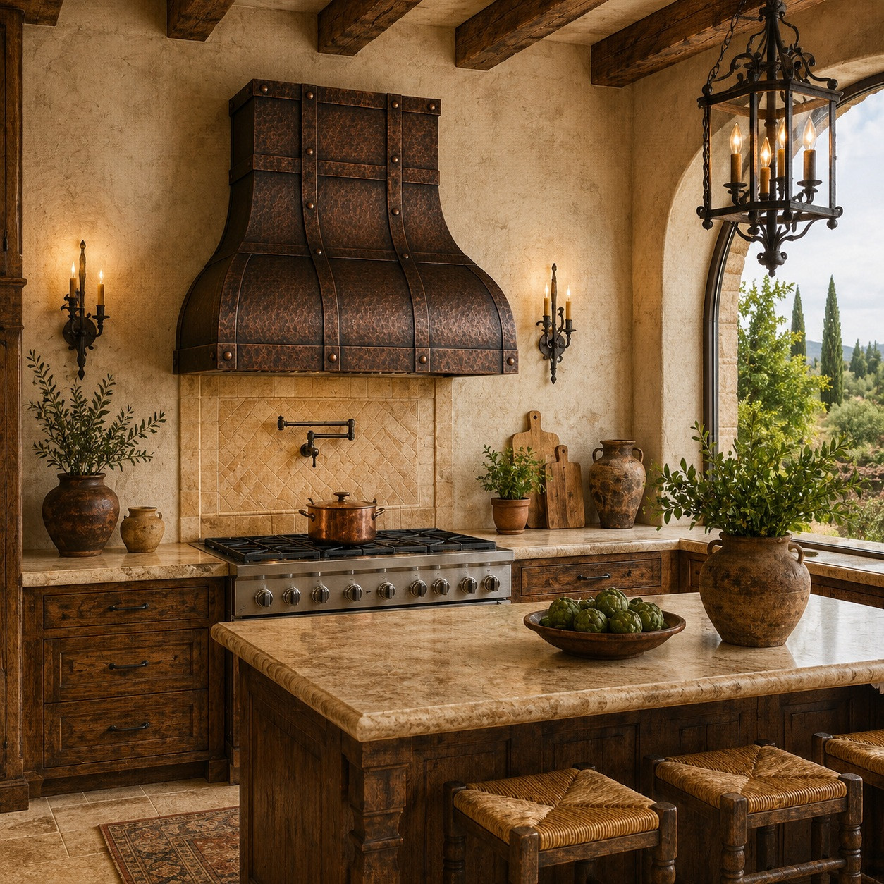 Tuscan kitchen with copper dome range hood, strap grid, and warm stone finishes