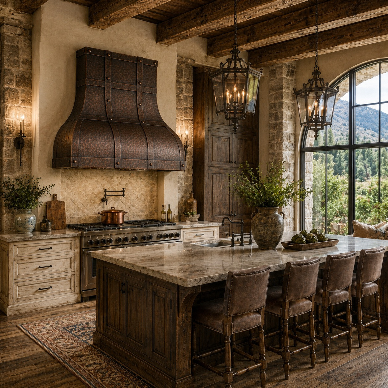 Rustic luxury kitchen with copper dome range hood and architectural strap grid