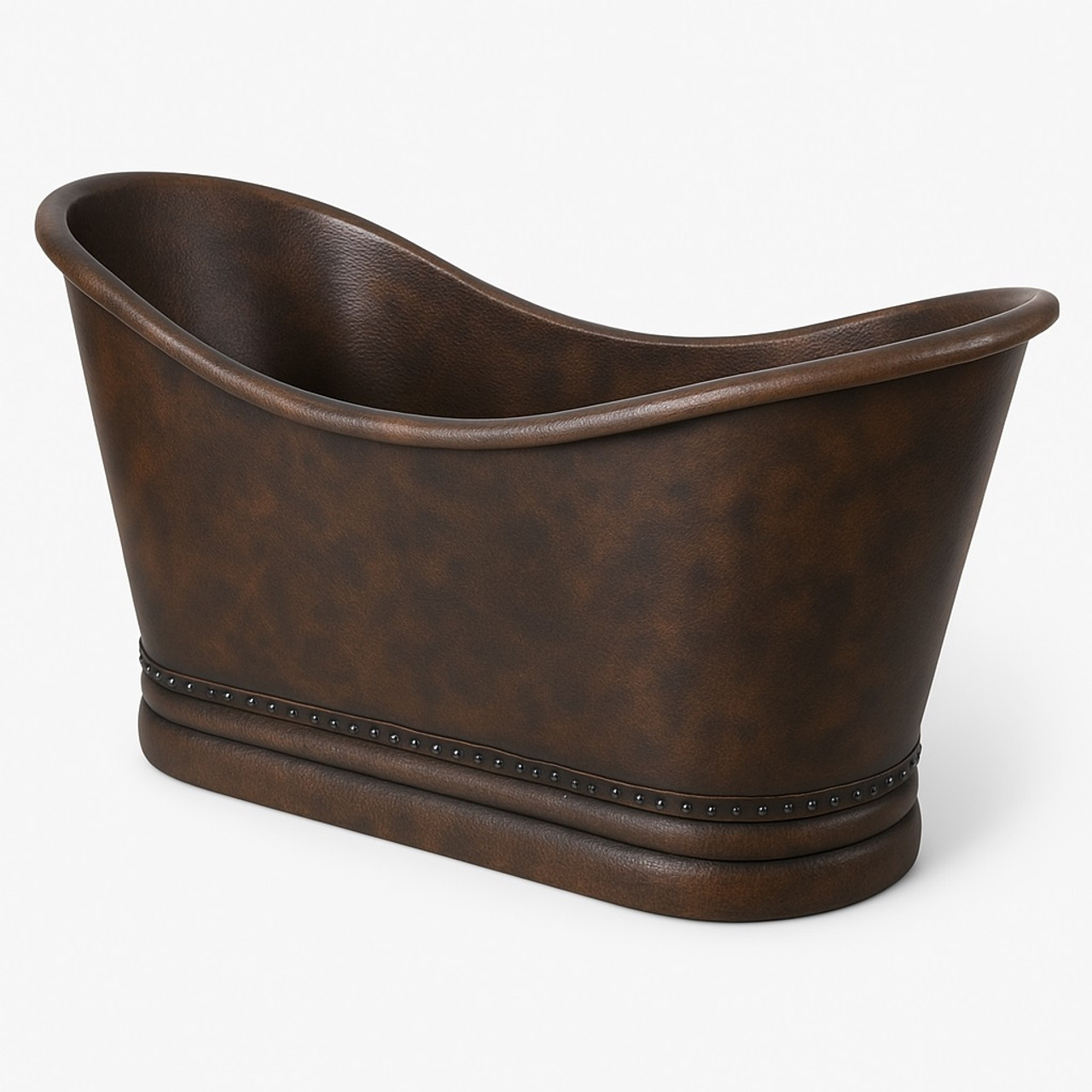 Side profile of handcrafted double slipper copper bathtub with raised ends and smooth curves