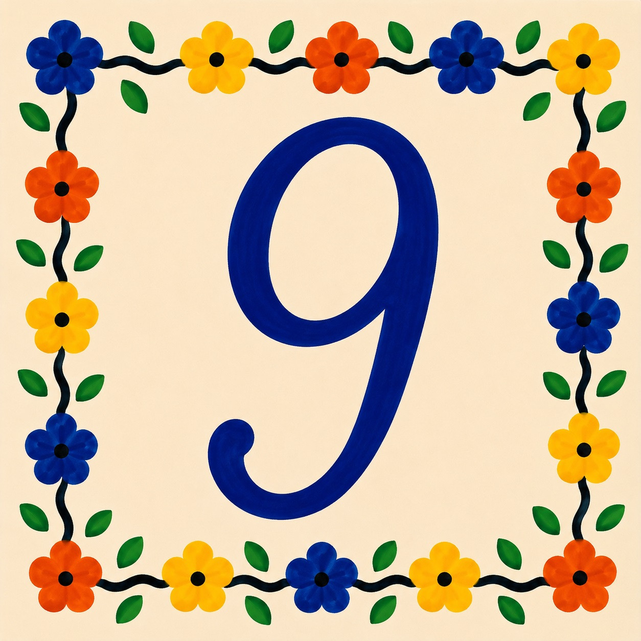 Talavera tile plaque number nine with Mexican floral border