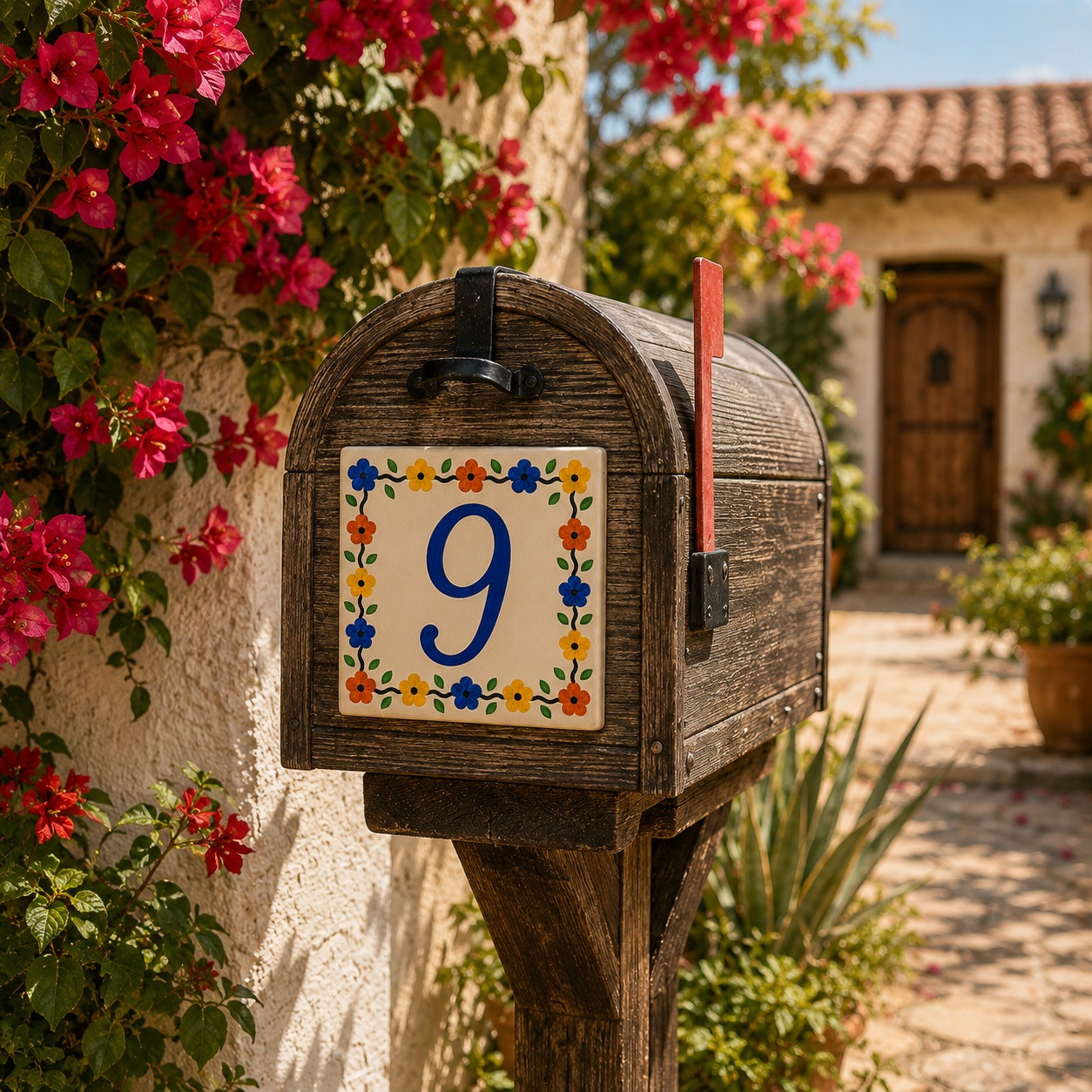 Talavera tile plaque number nine with Mexican floral border attached to a rustic mailbox adding colorful curb appeal