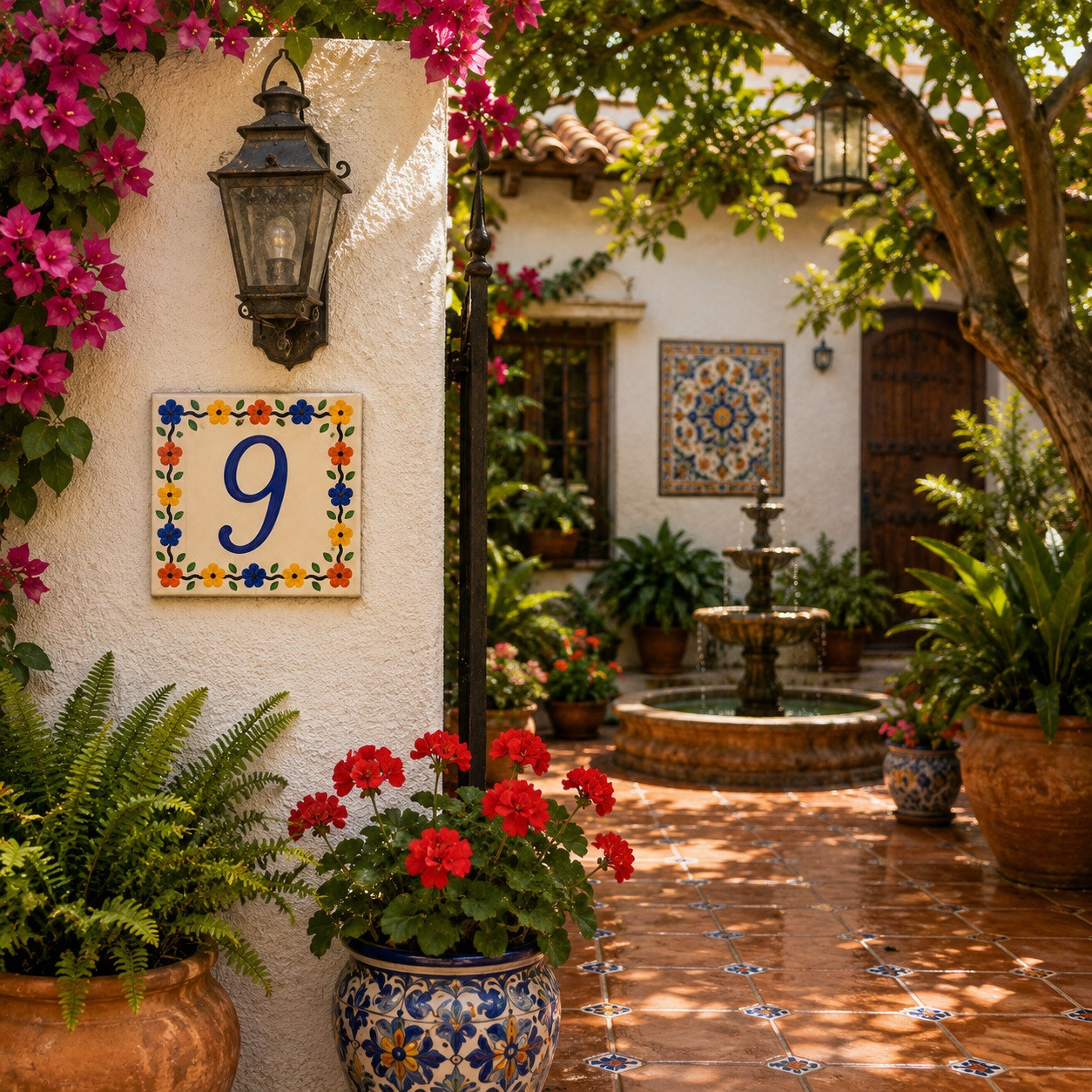 Talavera tile plaque number nine with Mexican floral border showcased in a Spanish courtyard surrounded by stucco and greenery