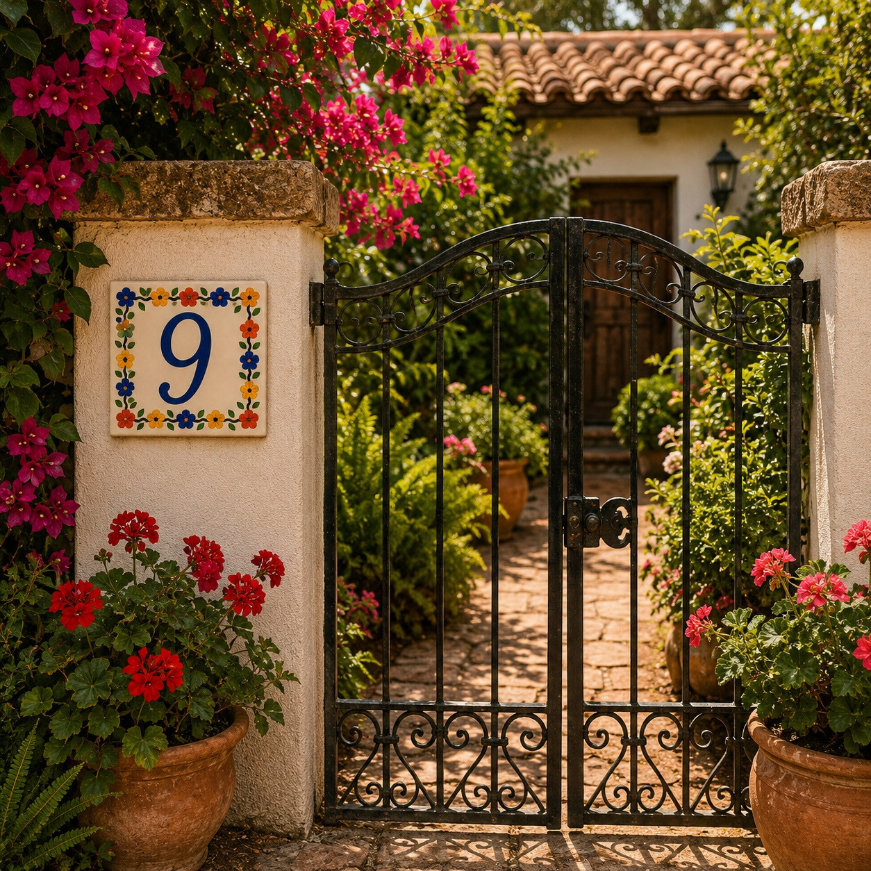 Talavera tile plaque number nine with Mexican floral border displayed on a garden gate surrounded by flowering plants