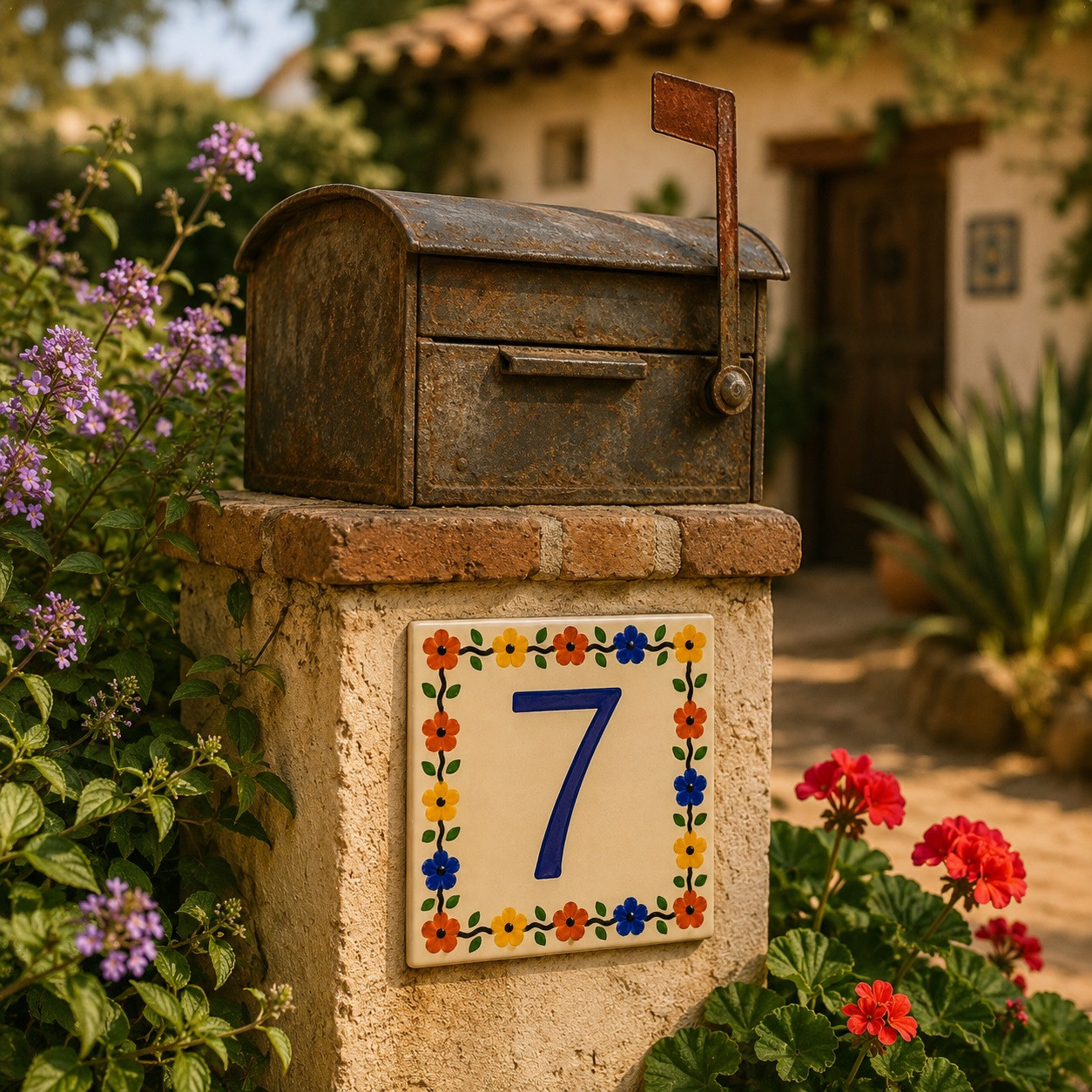 Talavera tile plaque number seven with Mexican floral border attached to a rustic mailbox in a landscaped outdoor setting