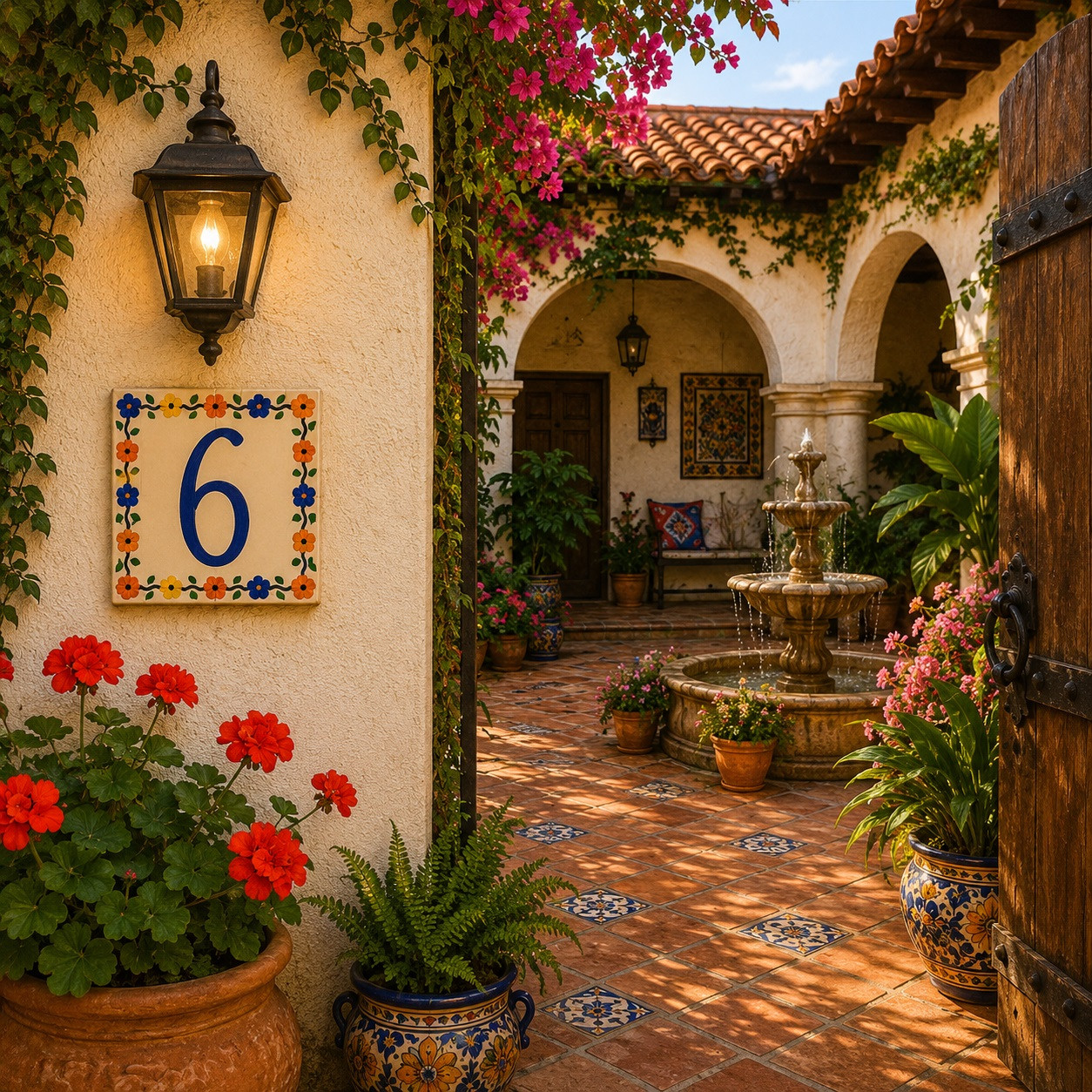 Talavera tile plaque number six with Mexican floral border displayed on a stucco wall in a Spanish courtyard with colorful garden accents
