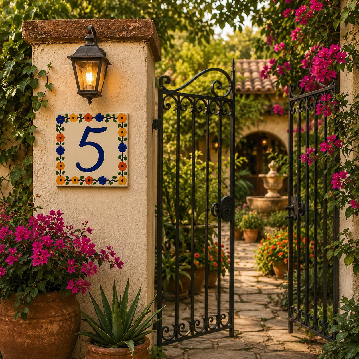 Talavera tile plaque number five with Mexican floral border installed near a decorative garden gate with flowering greenery