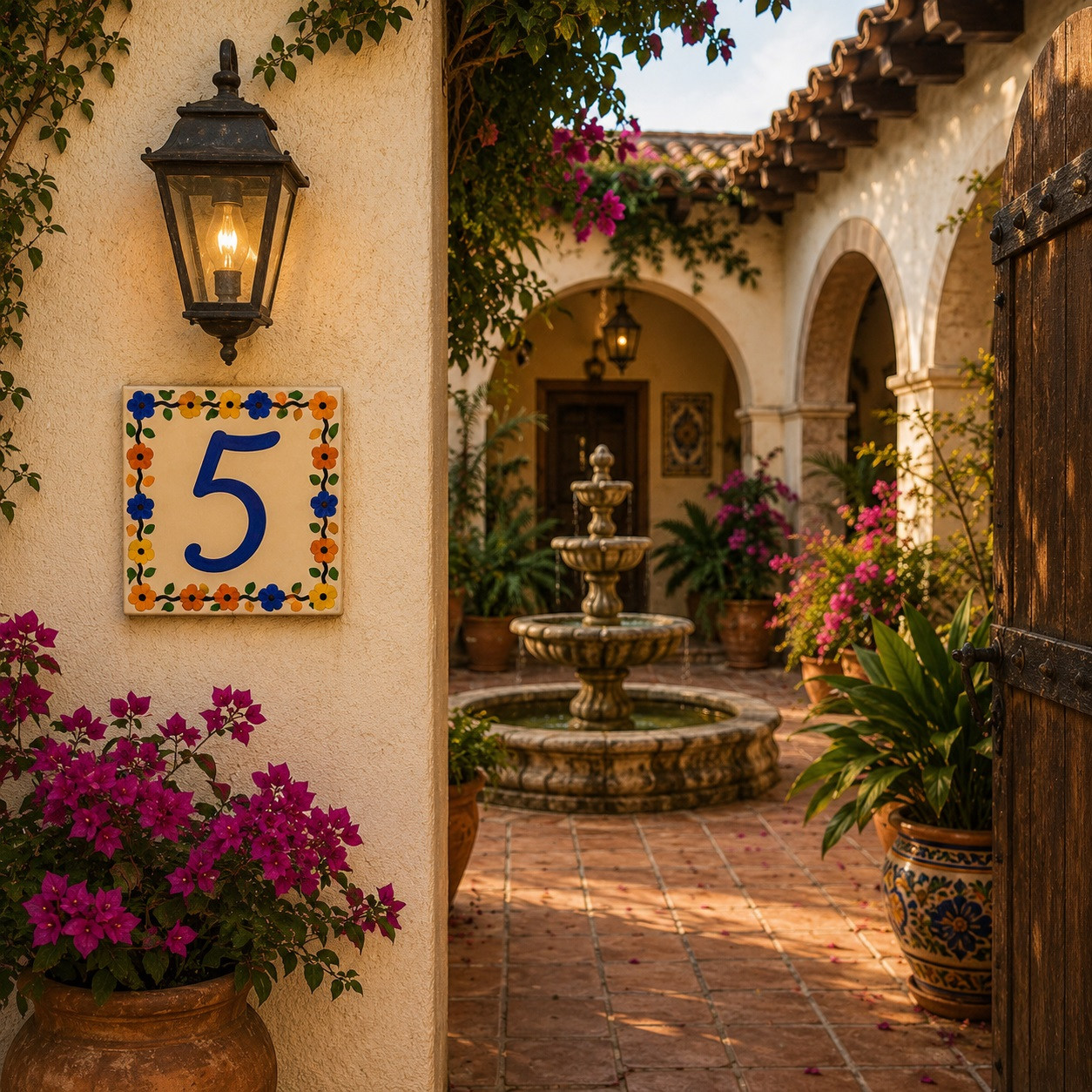 Talavera tile plaque number five with Mexican floral border accenting a colonial patio surrounded by plants and stone details