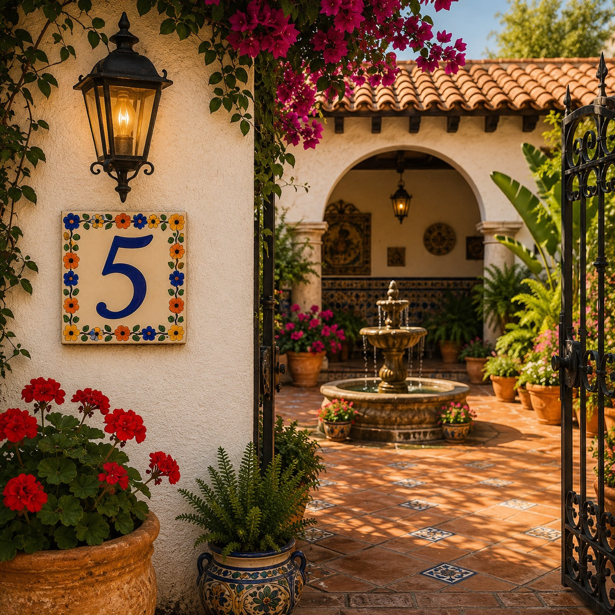 Talavera tile plaque number five with Mexican floral border featured in a Spanish courtyard with warm architectural accents