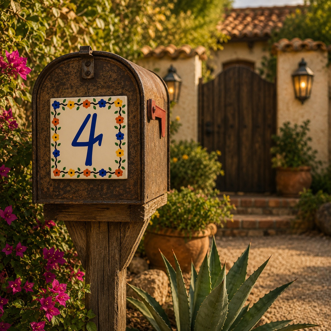 Talavera tile plaque number four with Mexican floral border installed on a rustic mailbox with warm natural outdoor textures
