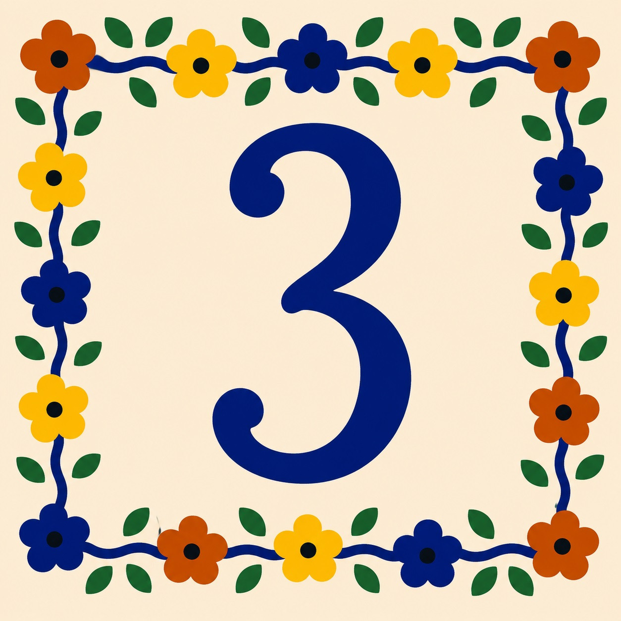 Talavera tile plaque number three with Mexican floral border