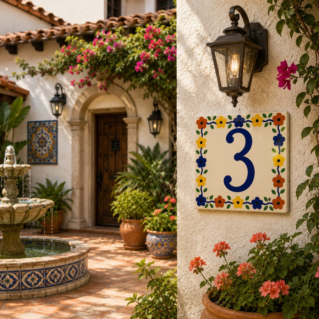 Talavera tile plaque number three with Mexican floral border mounted on a Spanish courtyard wall surrounded by colorful garden blooms