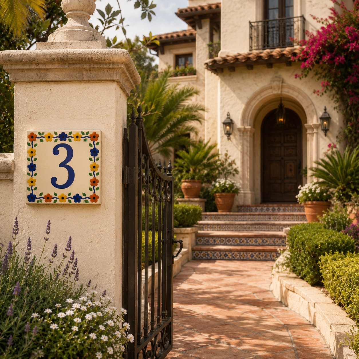 Talavera tile plaque number three with Mexican floral border decorating a villa entrance with elegant Mediterranean landscaping