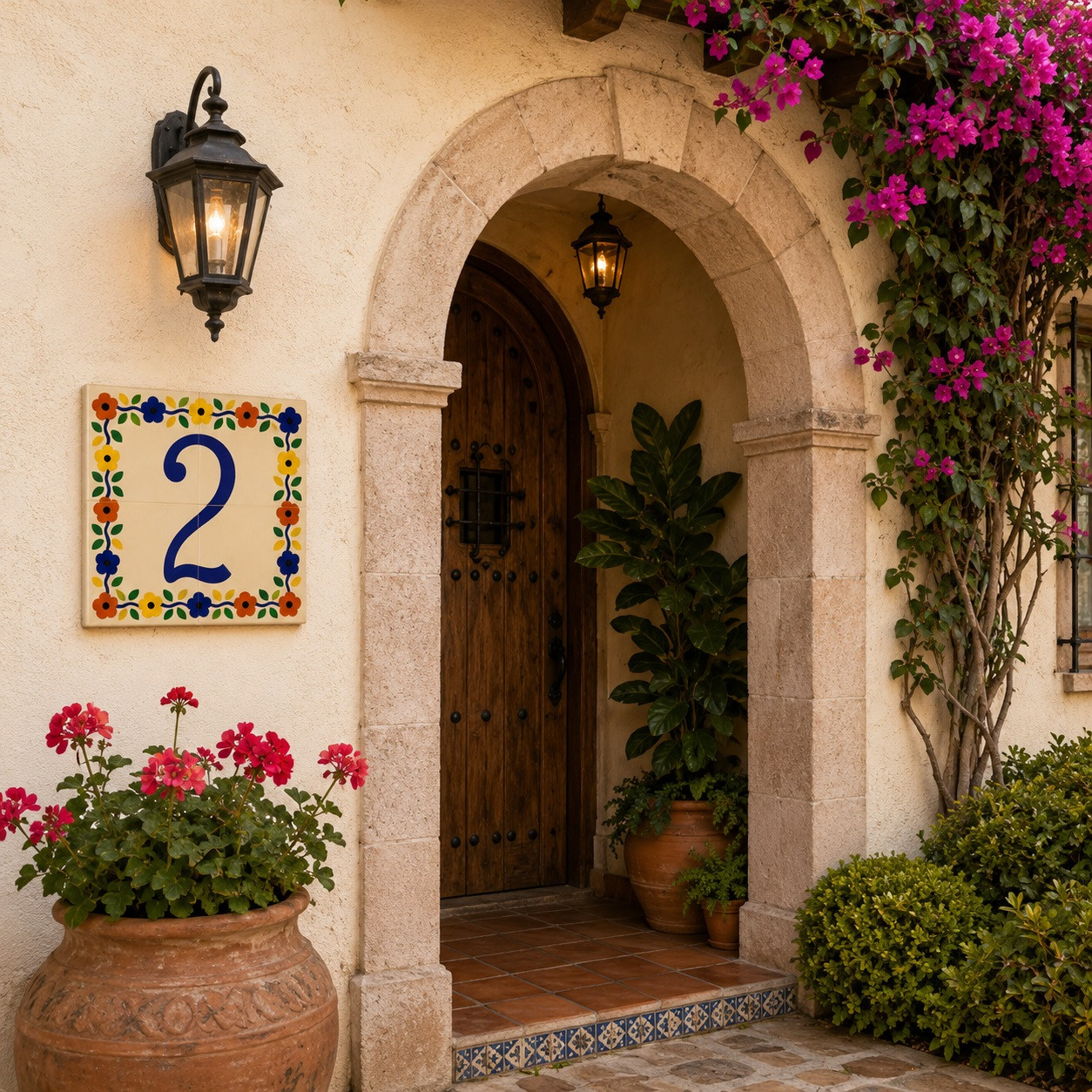 Talavera tile plaque number two with Mexican floral border featured beside an arched doorway in a Spanish Revival residence