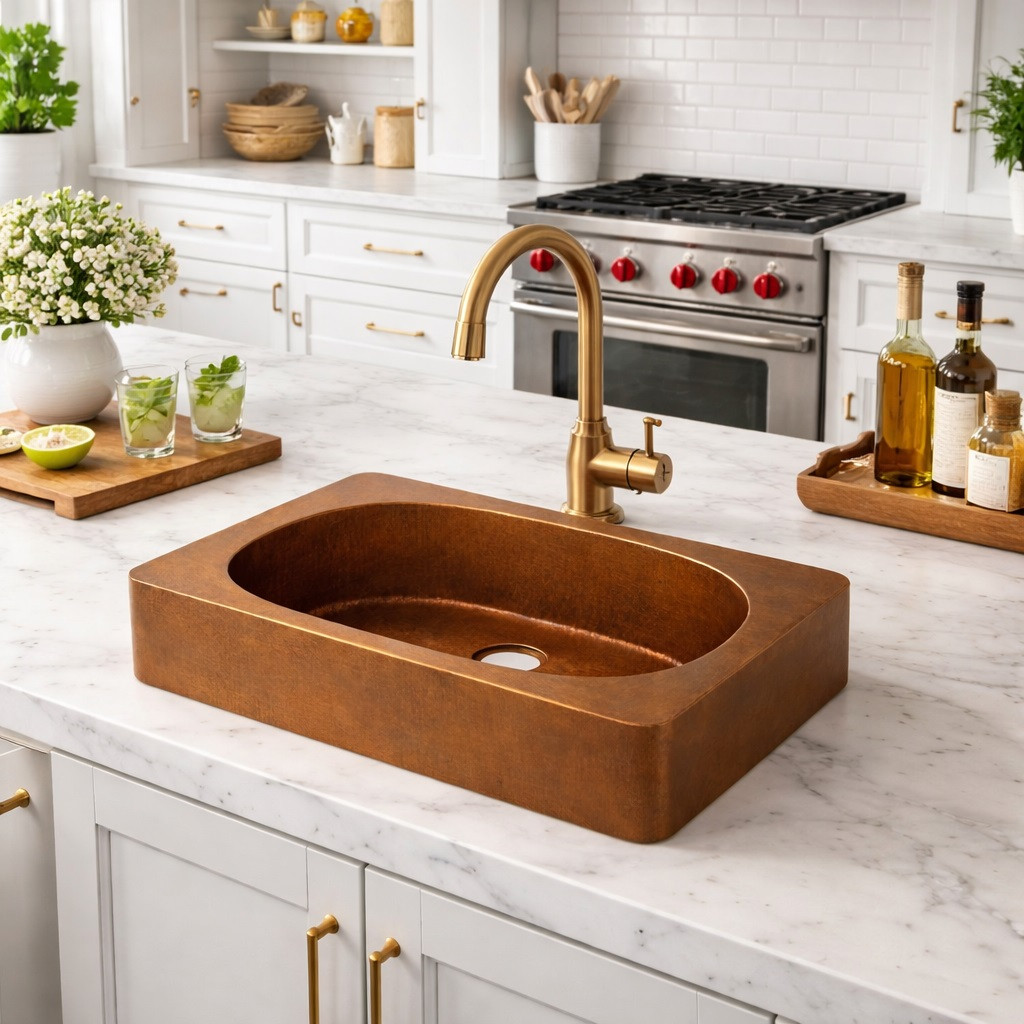 Contemporary kitchen with a rectangular copper vessal bar sink with oval bowl