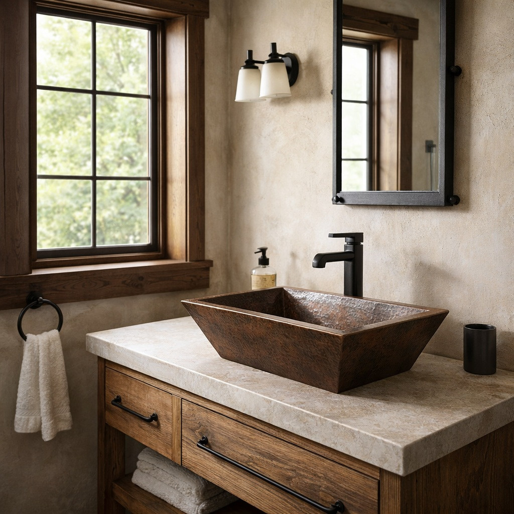 Double wall rectangular tapered copper vessel sink with hammered dark patina in a transitional rustic bath