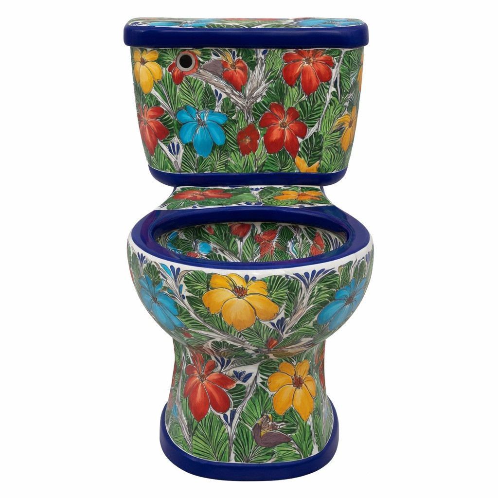 Front view of a Mexican hand-painted multicolor Talavera floral toilet