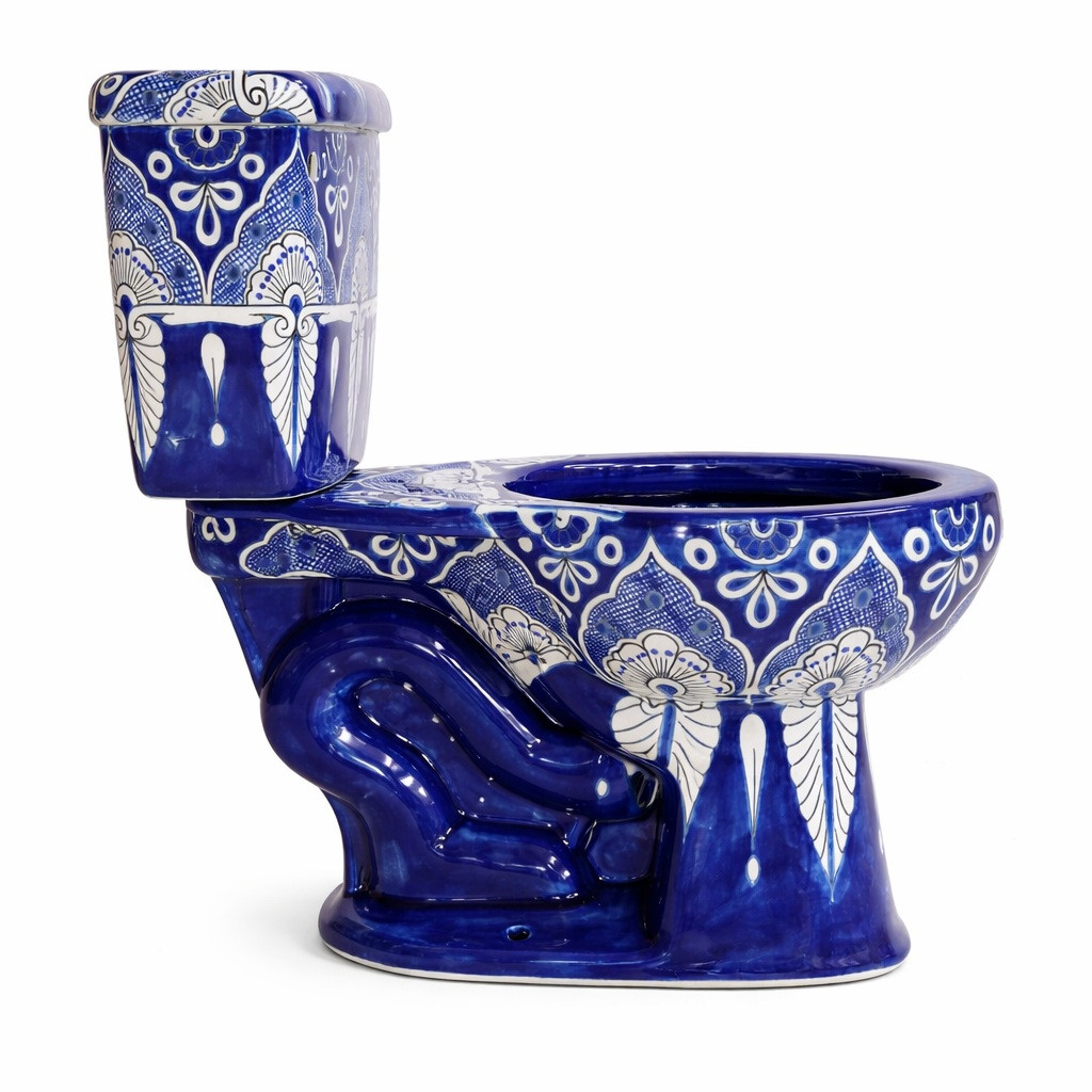 Mexican hand-painted blue and white Talavera toilet side view