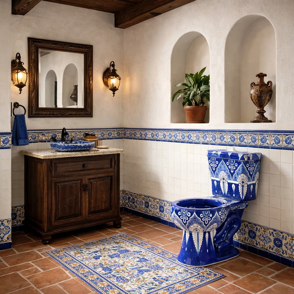 Mexican hand-painted blue and white Talavera toilet in a Spanish Colonial style bathroom