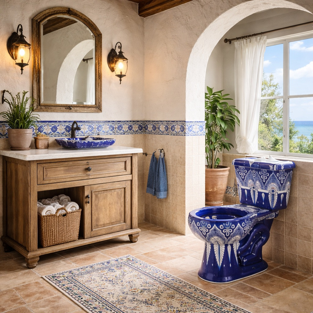 Mexican hand-painted blue and white Talavera toilet in a Mediterranean Costal style bathroom