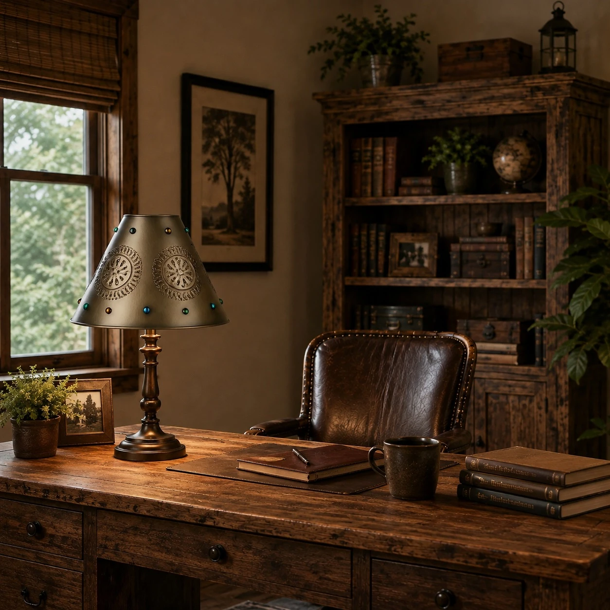 Punched tin cone shade with rosette medallions in a rustic home office with wood decor
