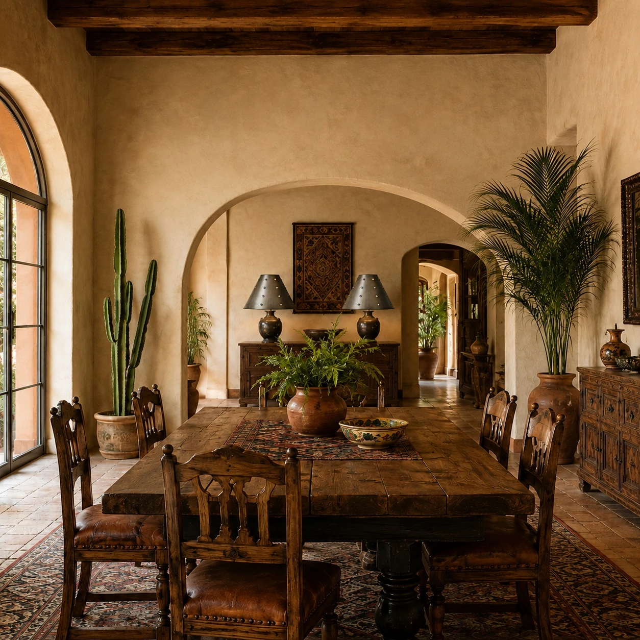 Two glass-stone studded punched tin cone pendant shades in a warm hacienda dining room