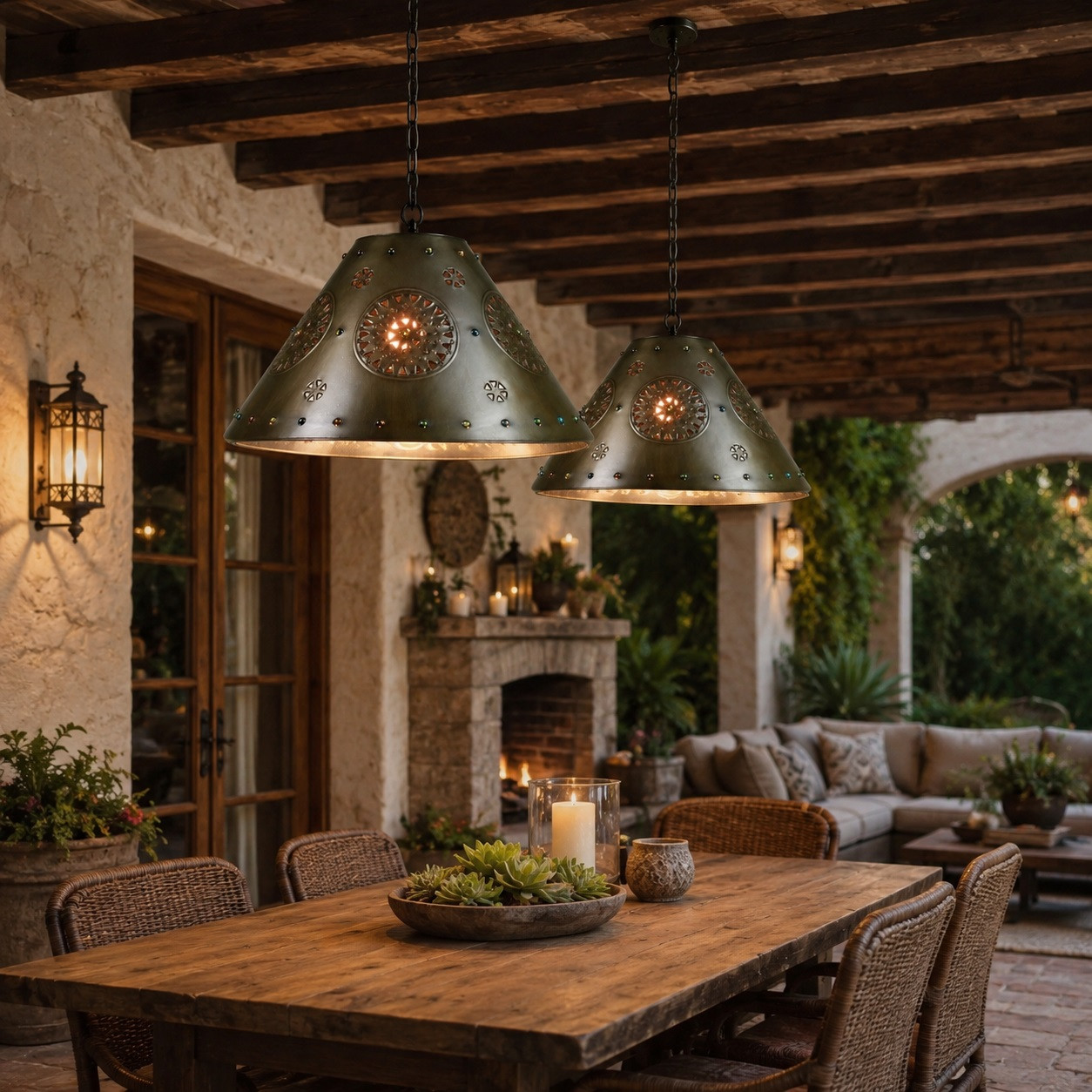 Two rosette punched tin cone pendants with jewels over a rustic covered patio dining area