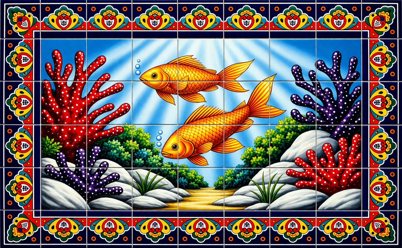 Talavera underwater fish tile mural mexican design style