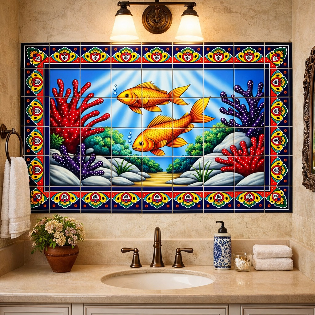 Talavera underwater fish tile mural mexican design style in a bathroom wall design