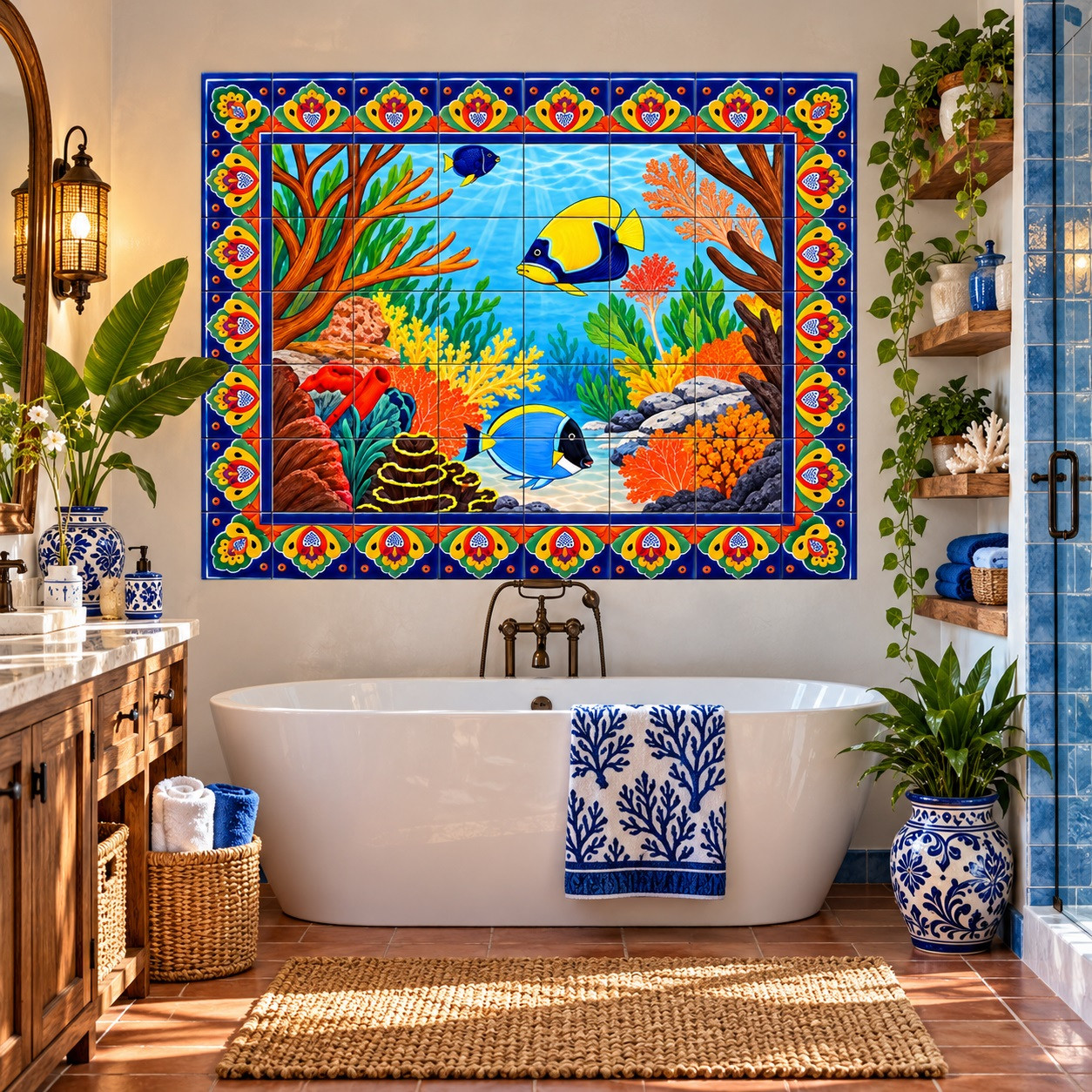Tropical underwater talavera tile mural displayed in an ocean-themed bathroom with bright decor.