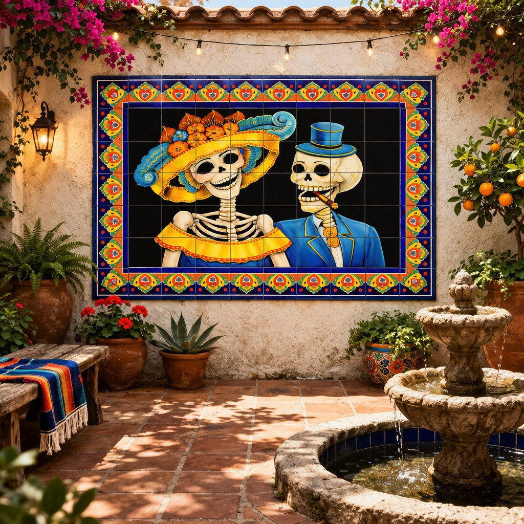 Mexican talavera Ccatrina tile mural dia de muertos in a Spanish Revival courtyard wall