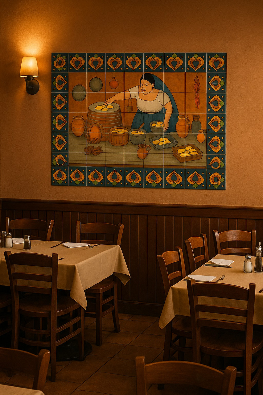 Talavera tile mural with a woman cooking displayed in a restaurant interior highlighting Mexican cultural heritage