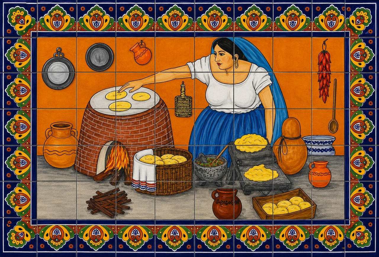 Talavera tile mural – woman cooking