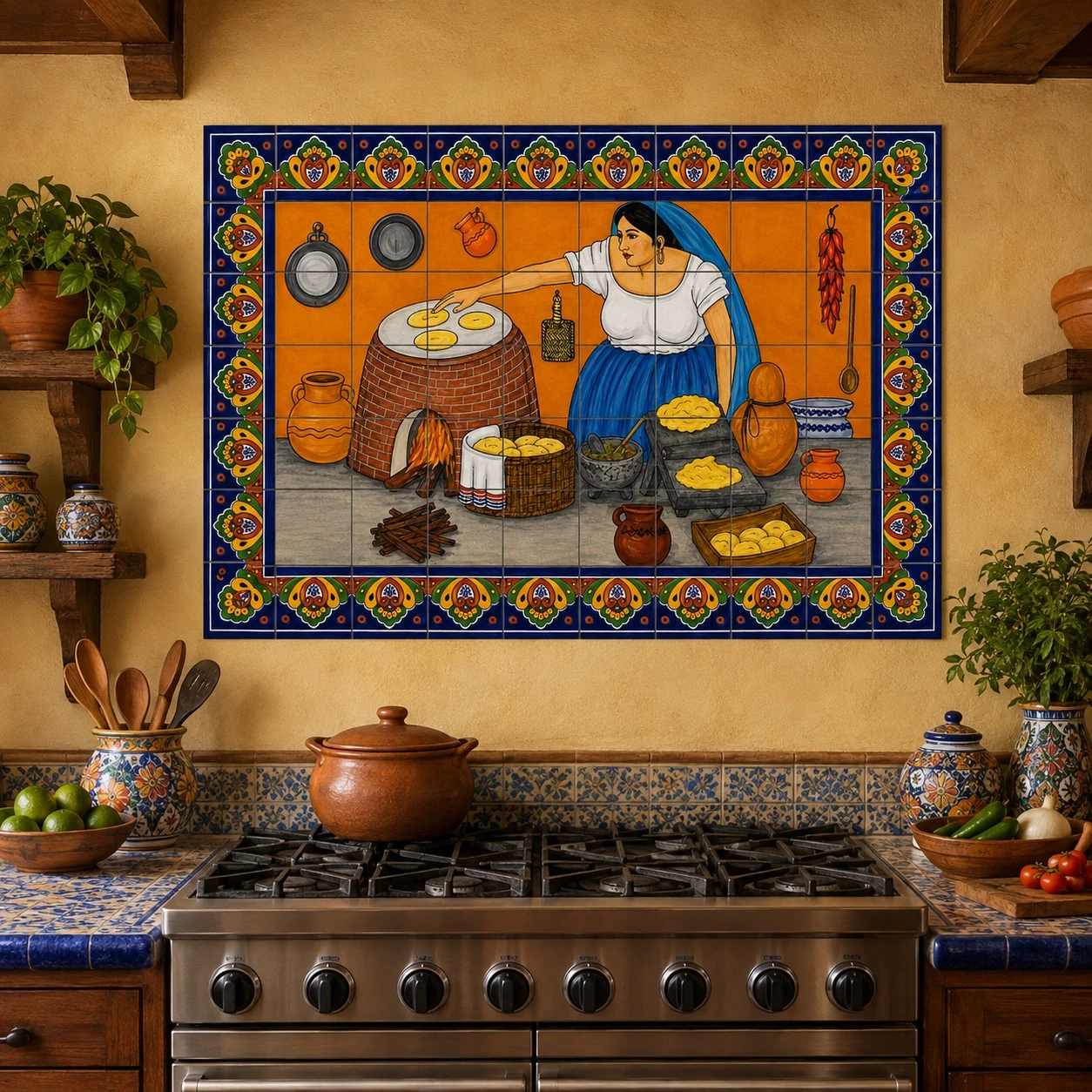 Talavera tile mural – woman cooking in a cooking area with pottery, wood details, and warm lighting.