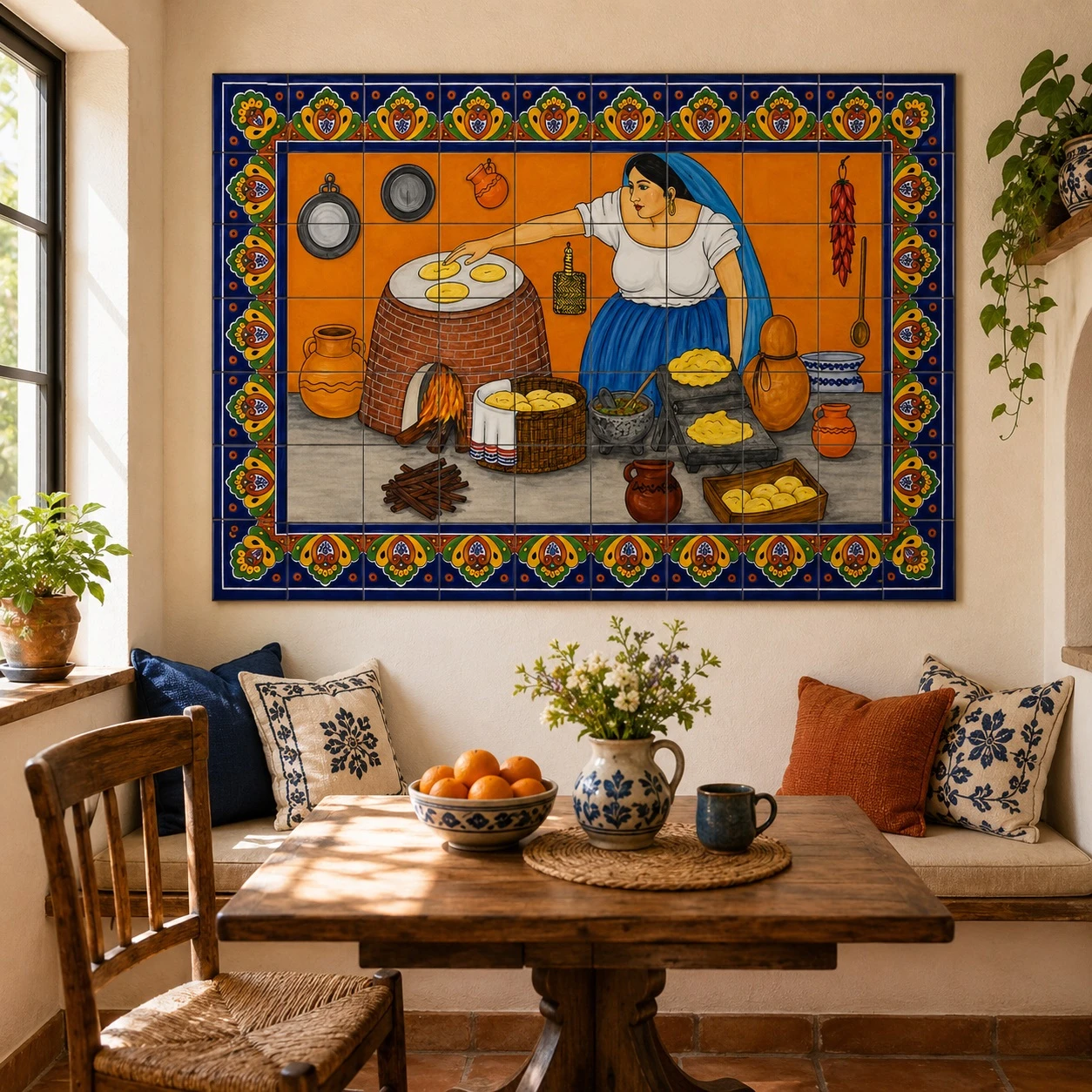 Talavera tile mural – woman cooking in a breakfast nook with cozy seating and warm wood accents.