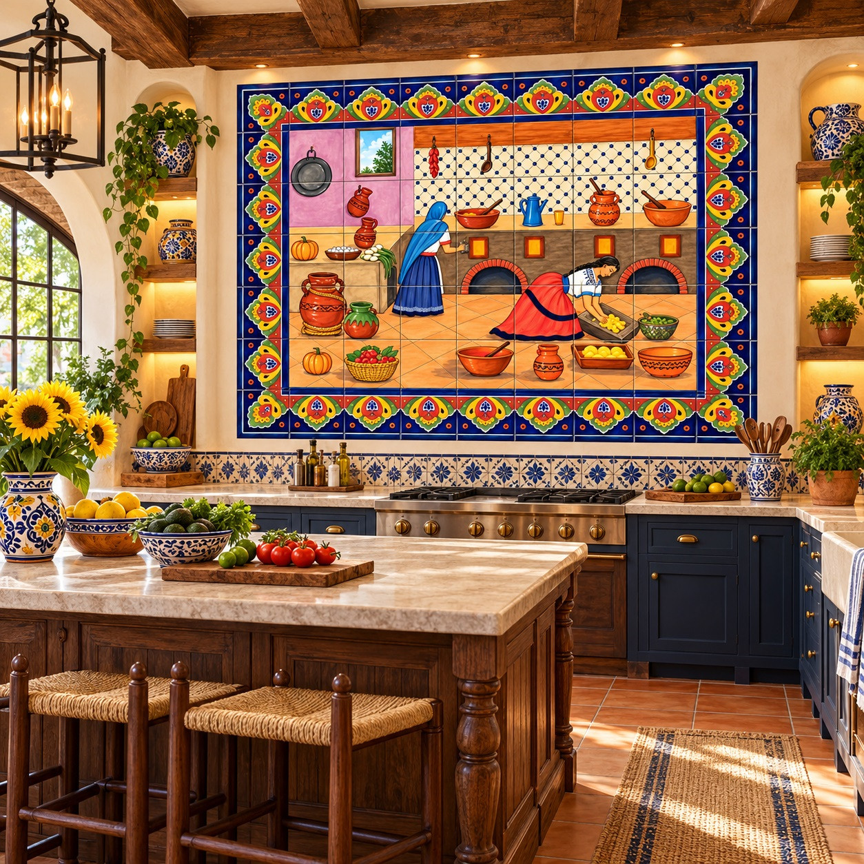 Traditional Mexican kitchen tile mural in a boutique hotel kitchen with handcrafted accents.