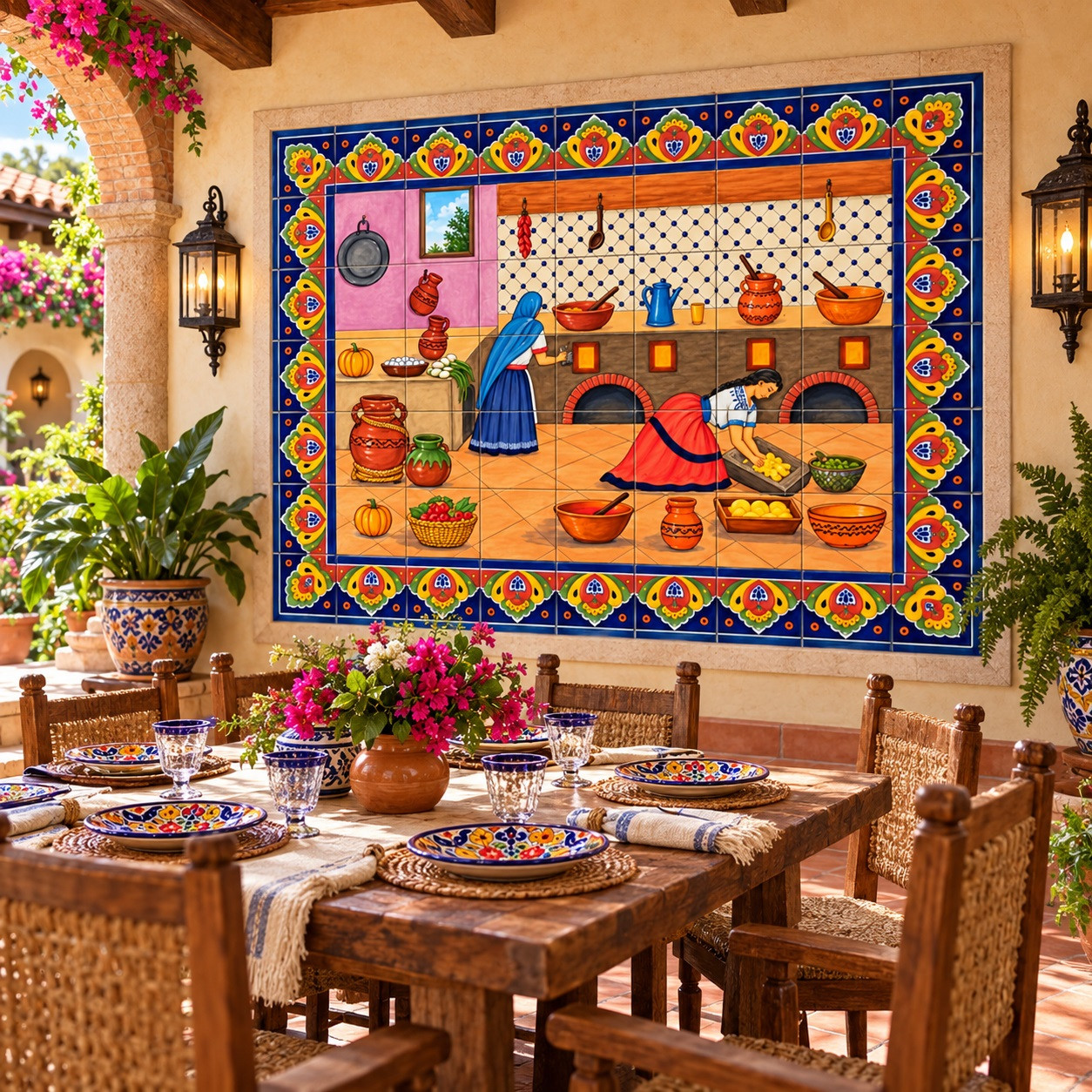 Traditional Mexican kitchen tile mural in a courtyard dining area with flowers and terracotta.