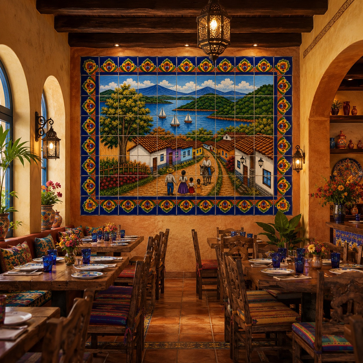 Mexican tile mural lakeside village in a Mexican restaurant with rustic tables and pottery.