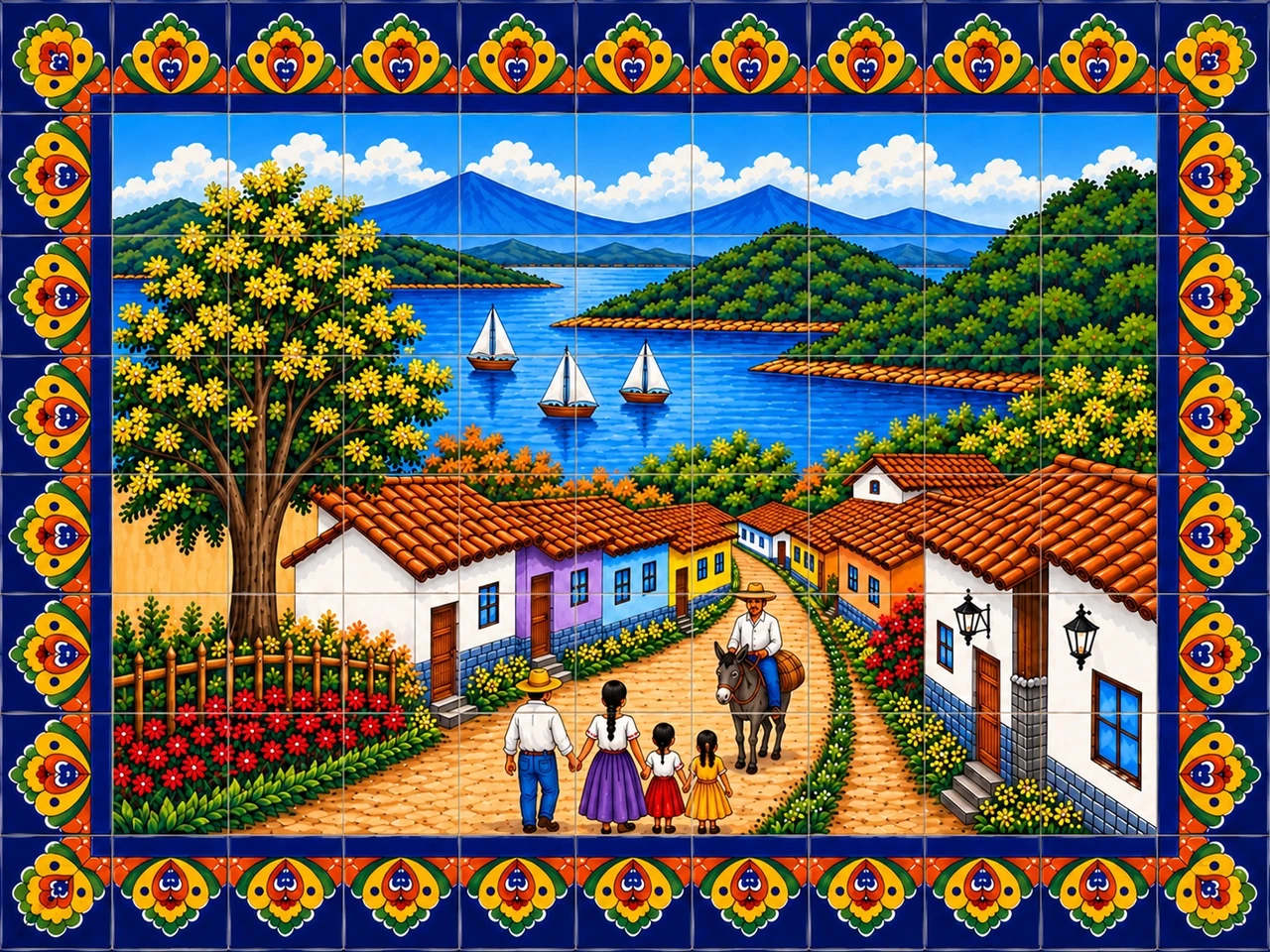Mexican tile mural lakeside village