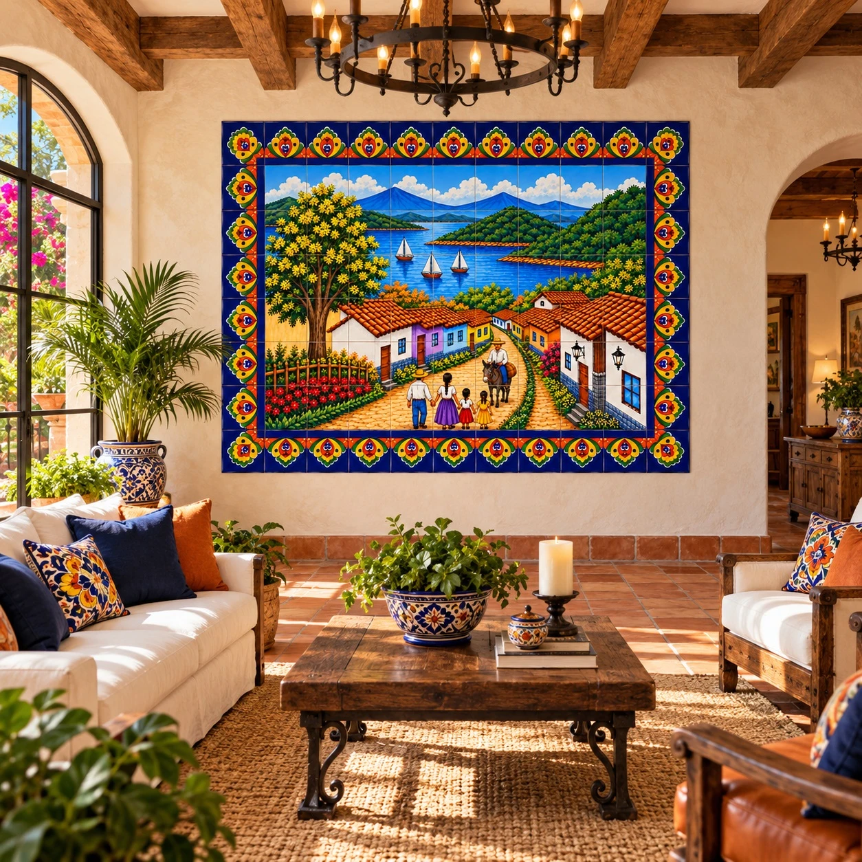 Mexican tile mural lakeside village in a hacienda living room with carved wood furnishings.