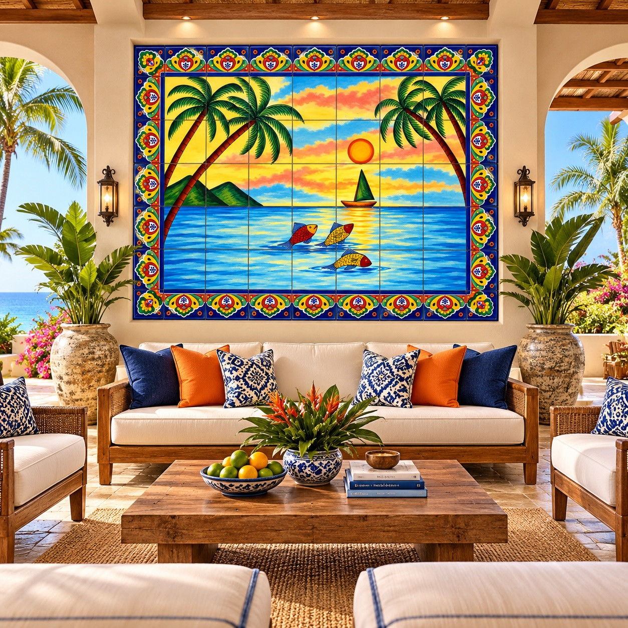 Talavera tile mural tropical ocean in a resort lounge with tropical plants and coastal decor.