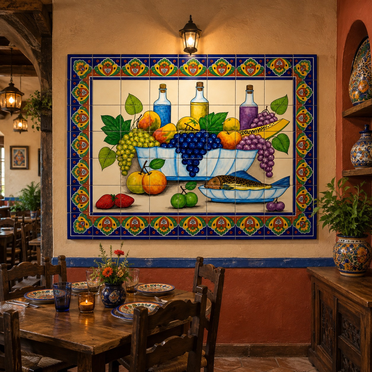 Fruit still life talavera tile mural in a Mexican restaurant with wood tables and colorful tile.